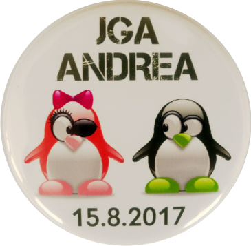 ... JGA Button mit Namen und Datum - Pinguin - zum Schließen ins Bild klicken